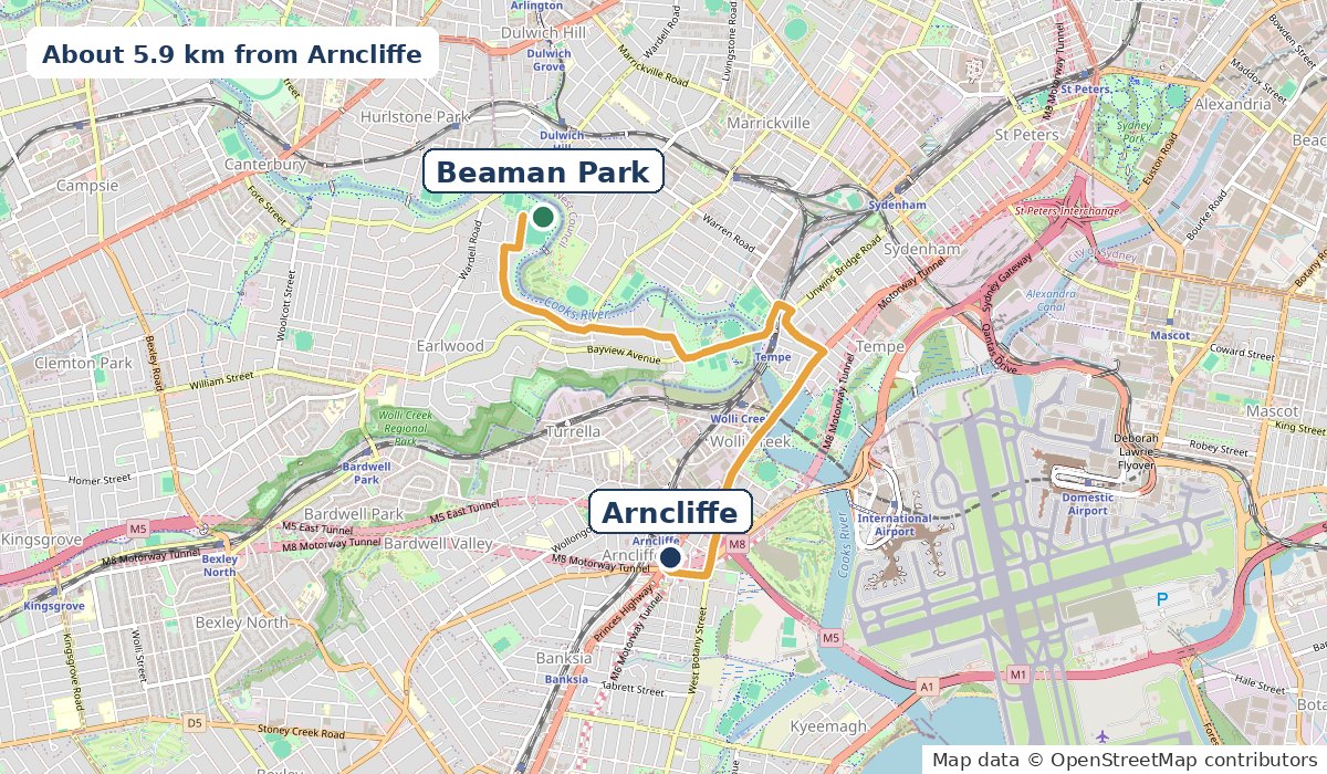 Map of the 5.9 km drive from Arncliffe through Tempe and Undercliffe to Beaman Park, Earlwood