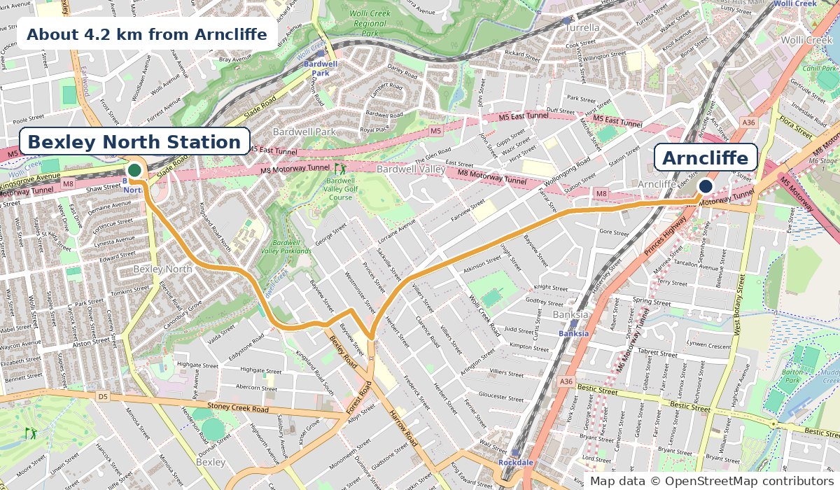 Map of the 4.2 km drive from Arncliffe along Forest Road and Bexley Road to Bexley North Station