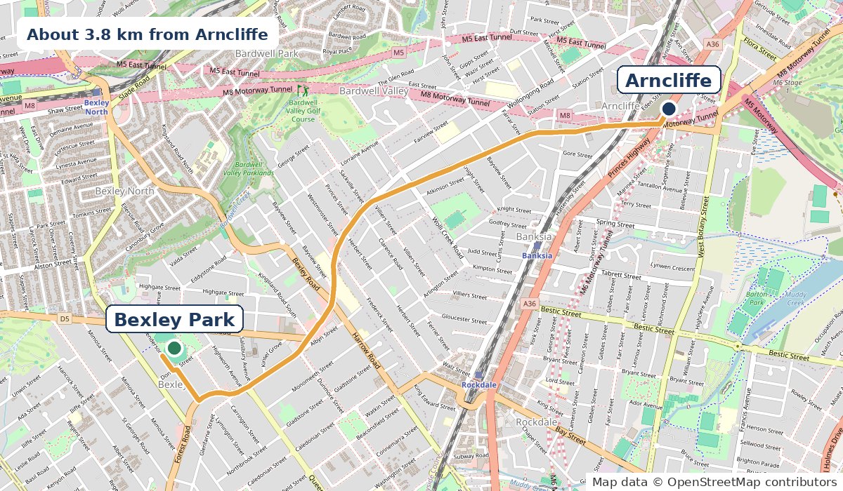 Map of the 3.8 km drive from Arncliffe along Princes Highway and Forest Road to Bexley Park