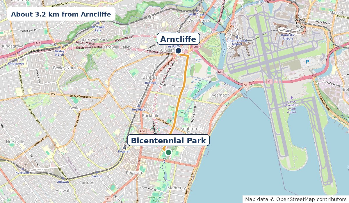 Map of the 3.2 km drive from Arncliffe along Princes Highway and West Botany Street to Bicentennial Park, Rockdale