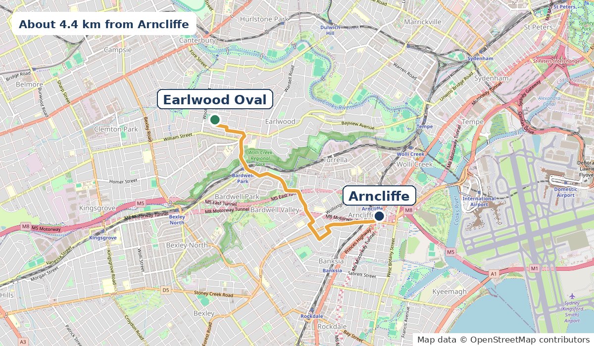 Map of the drive from Arncliffe west to Earlwood Oval