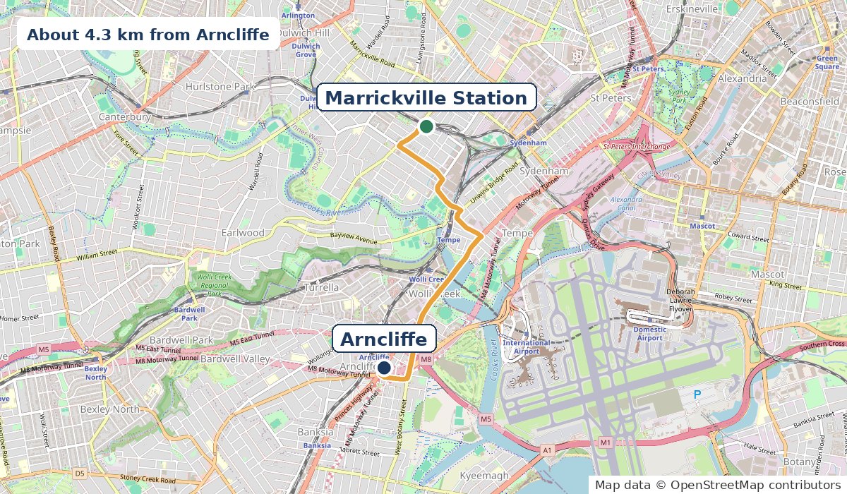 Map of the 4.3 km drive from Arncliffe through Tempe and along Illawarra Road to Marrickville Station