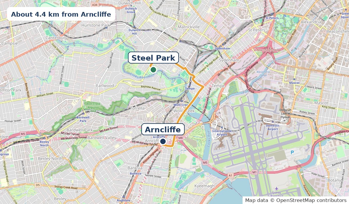 Map of the 4.4 km drive from Arncliffe through Tempe and over the Cooks River to Steel Park, Marrickville